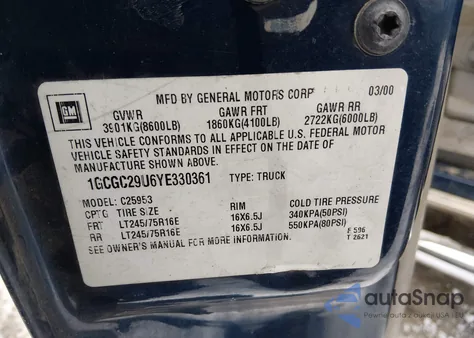 2000 Chevrolet Silverado 2500 Ls from USA, damaged, VIN 1GCGC29U6YE330361